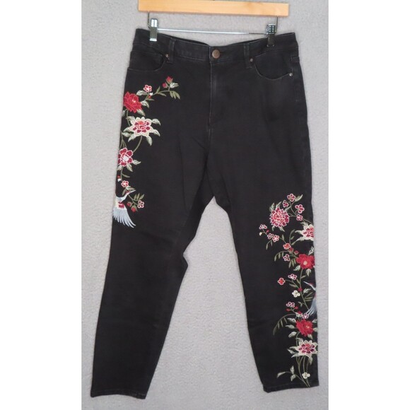 Nanette Lepore Jeans 14 Black High Waist Astor Skinny Floral Embroidered Boho - Picture 1 of 13